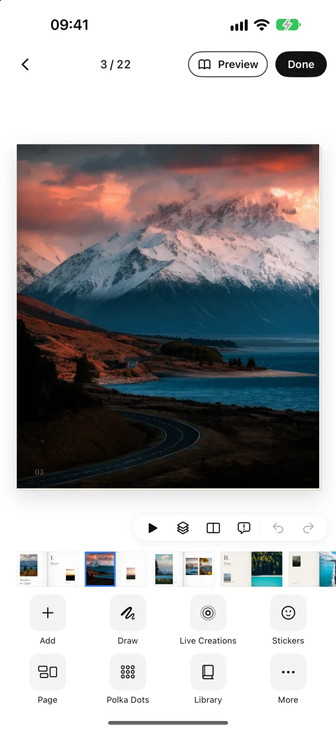 The editor: change photos, text and layouts page by page