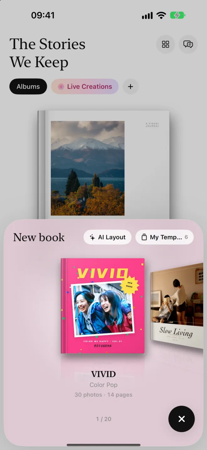 The new book panel: templates standing on a shelf, swipe to browse